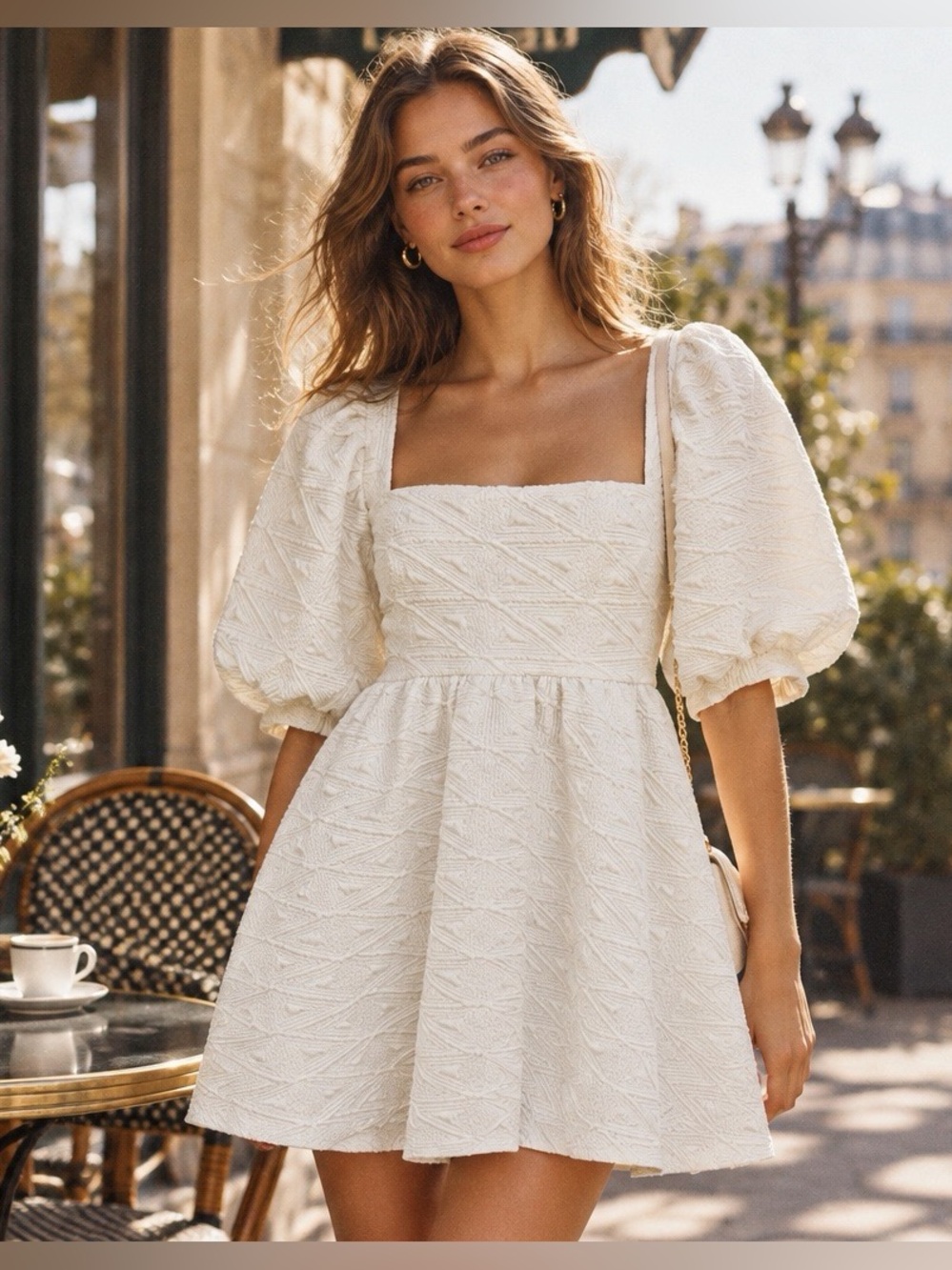 Free People Ivory Textured Puff Sleeve Tie Back Babydoll Mini Dress S